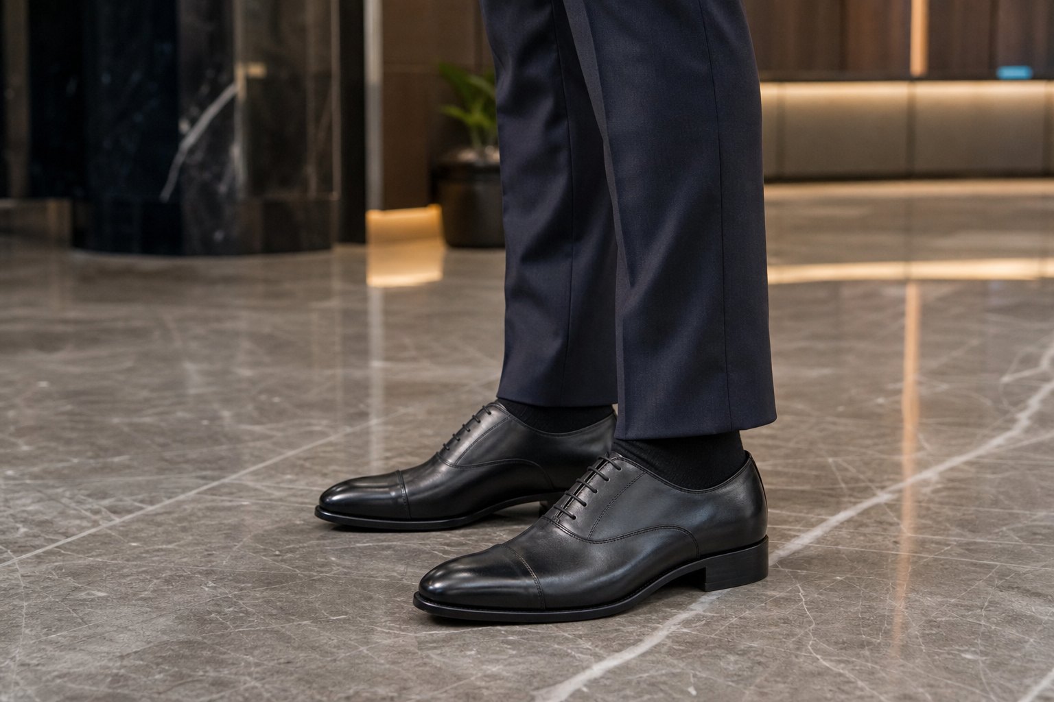 Polished leather Oxford dress shoes worn in a professional office setting as end-use application
