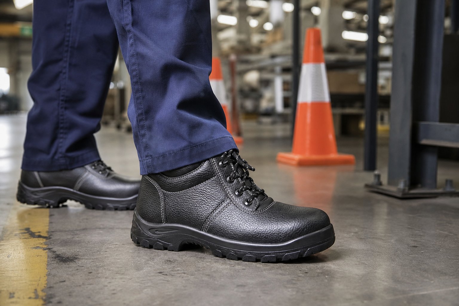 Industrial safety leather boots with protective toe worn on a factory floor workplace application