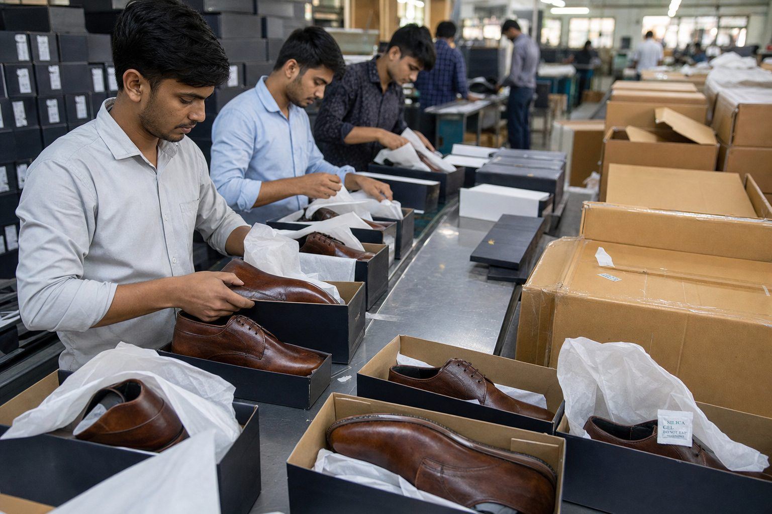 Export packing line placing finished leather shoes into individual shoe boxes with tissue paper and size labels