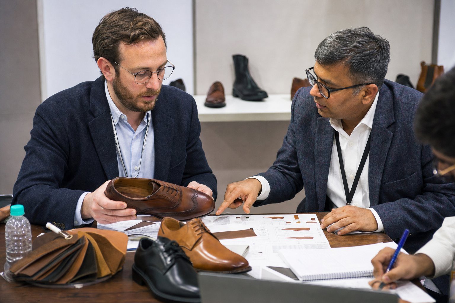 International footwear buyer and Indian exporter reviewing sample shoes and shipping documents at a sourcing meeting