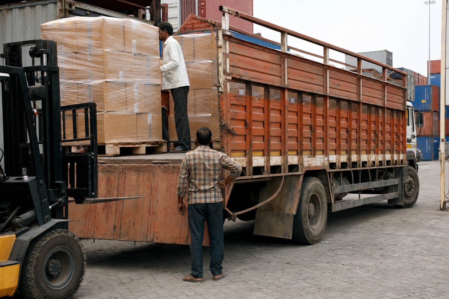 Logistics truck loading palletised leather footwear cartons at an Indian port CFS with containers in the background