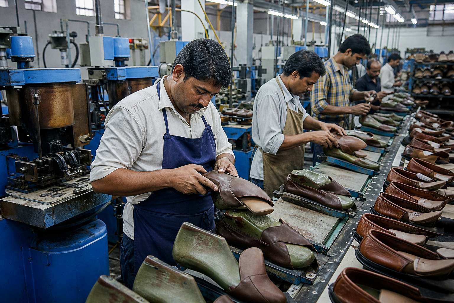 Footwear lasting line shaping leather uppers on lasts inside an Indian export footwear factory