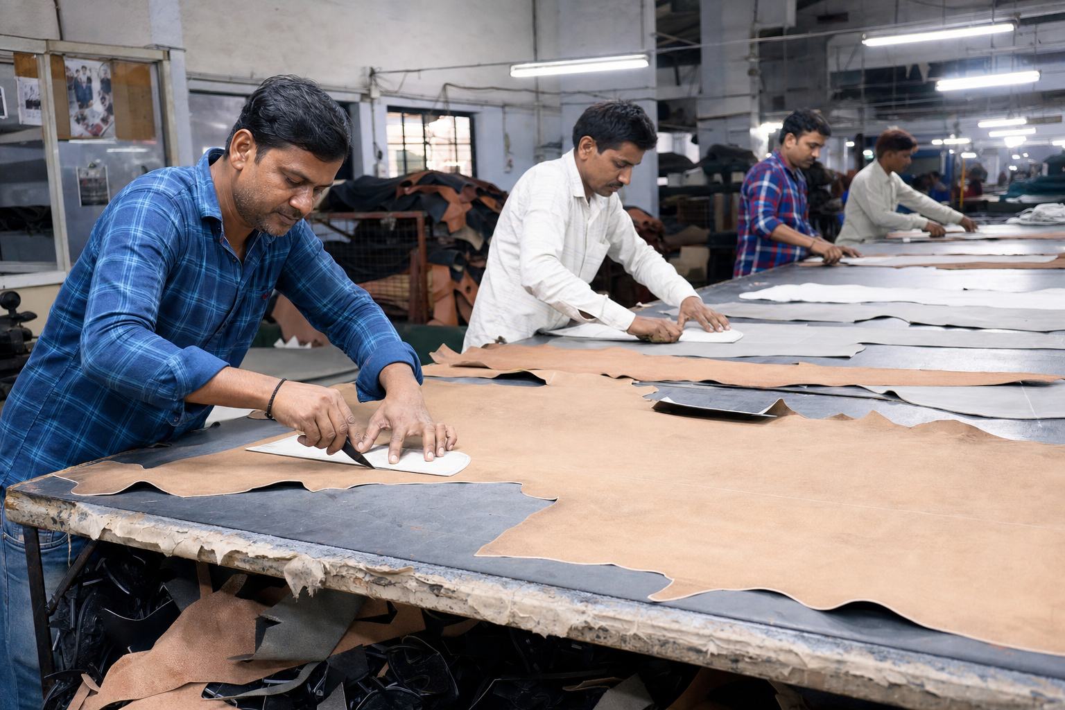 Leather cutting and skiving department preparing upper components in an Indian footwear export factory