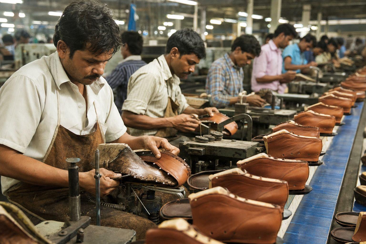 Workers operating a leather footwear manufacturing production line with lasting and stitching stations in an Indian export unit