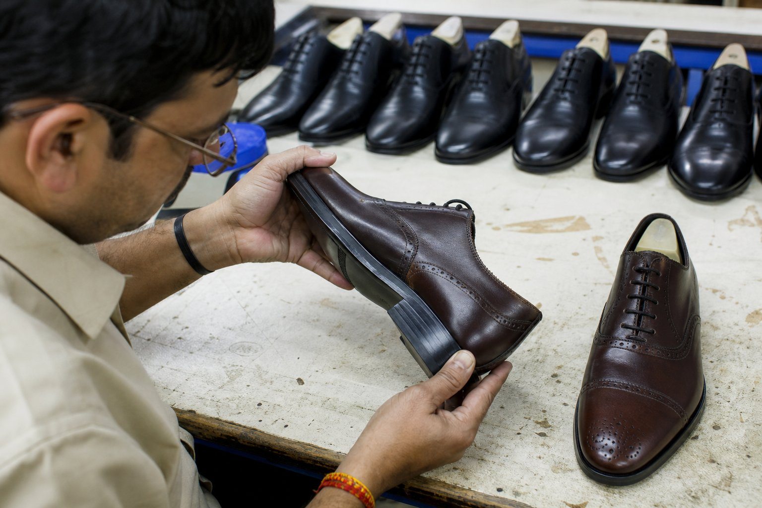 Quality inspector checking last fitting and stitching on a sample leather shoe against a buyer specification sheet