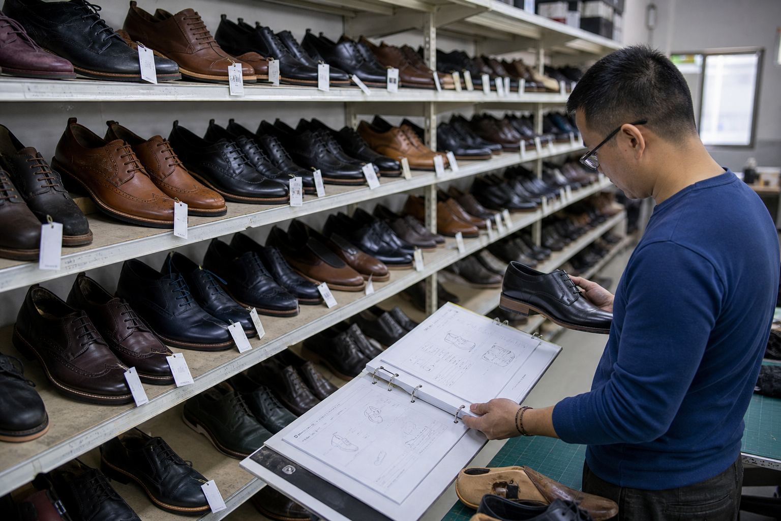 Export sampling room with approved leather footwear sample pairs and inspector reviewing style specifications