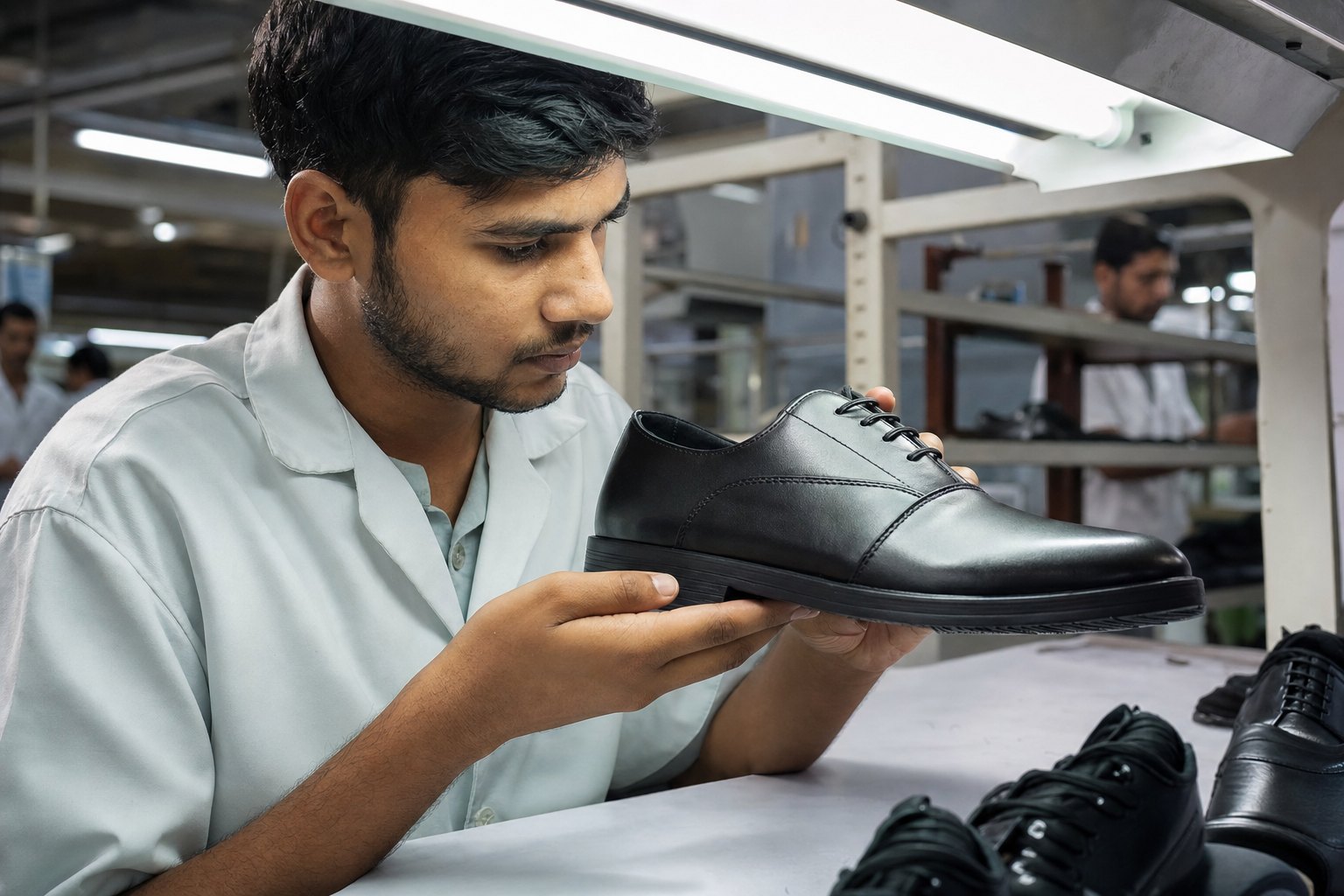 QC technician inspecting finished leather footwear for stitching defects, finish, and sole attachment under inspection light