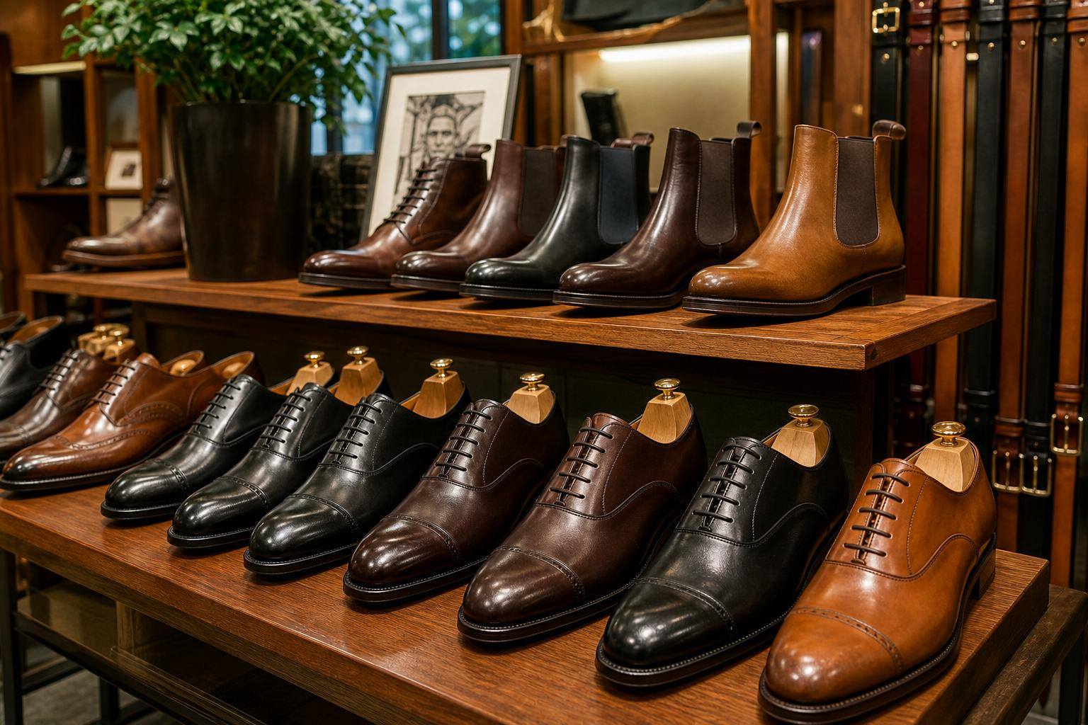 Leather footwear displayed on retail shelves in an international shoe store