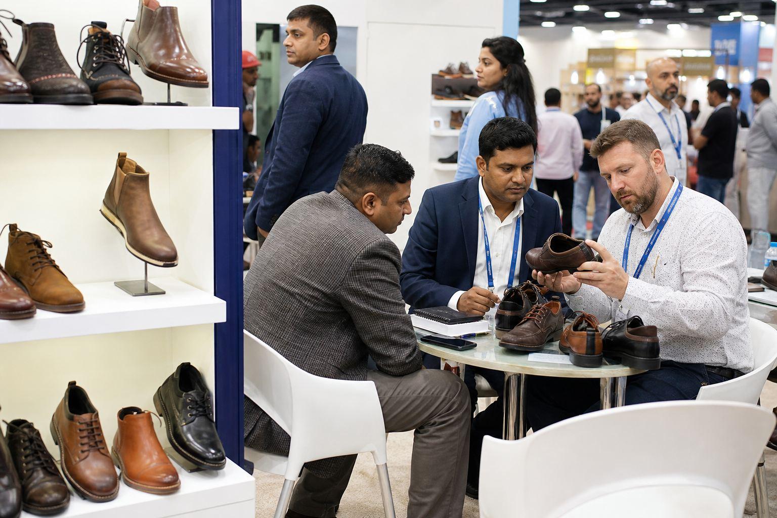 Indian leather footwear exporter booth at an international trade fair with sample displays
