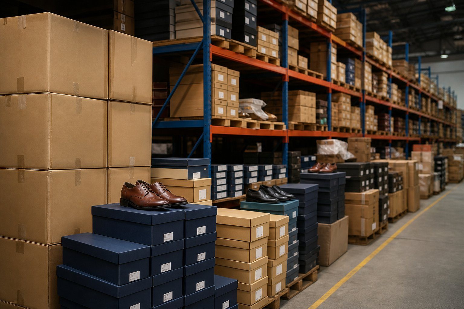 Indian export warehouse storing leather footwear cartons in humidity-controlled rows