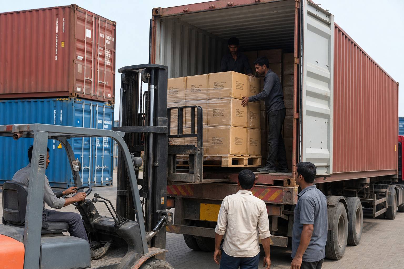 Workers stuffing palletised master cartons of leather wallets and belts into a 40-foot shipping container for FCL export