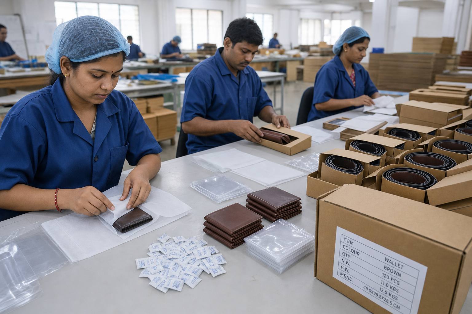 Export packing line wrapping finished leather wallets in tissue and packing leather belts into sleeves and corrugated master cartons with silica gel