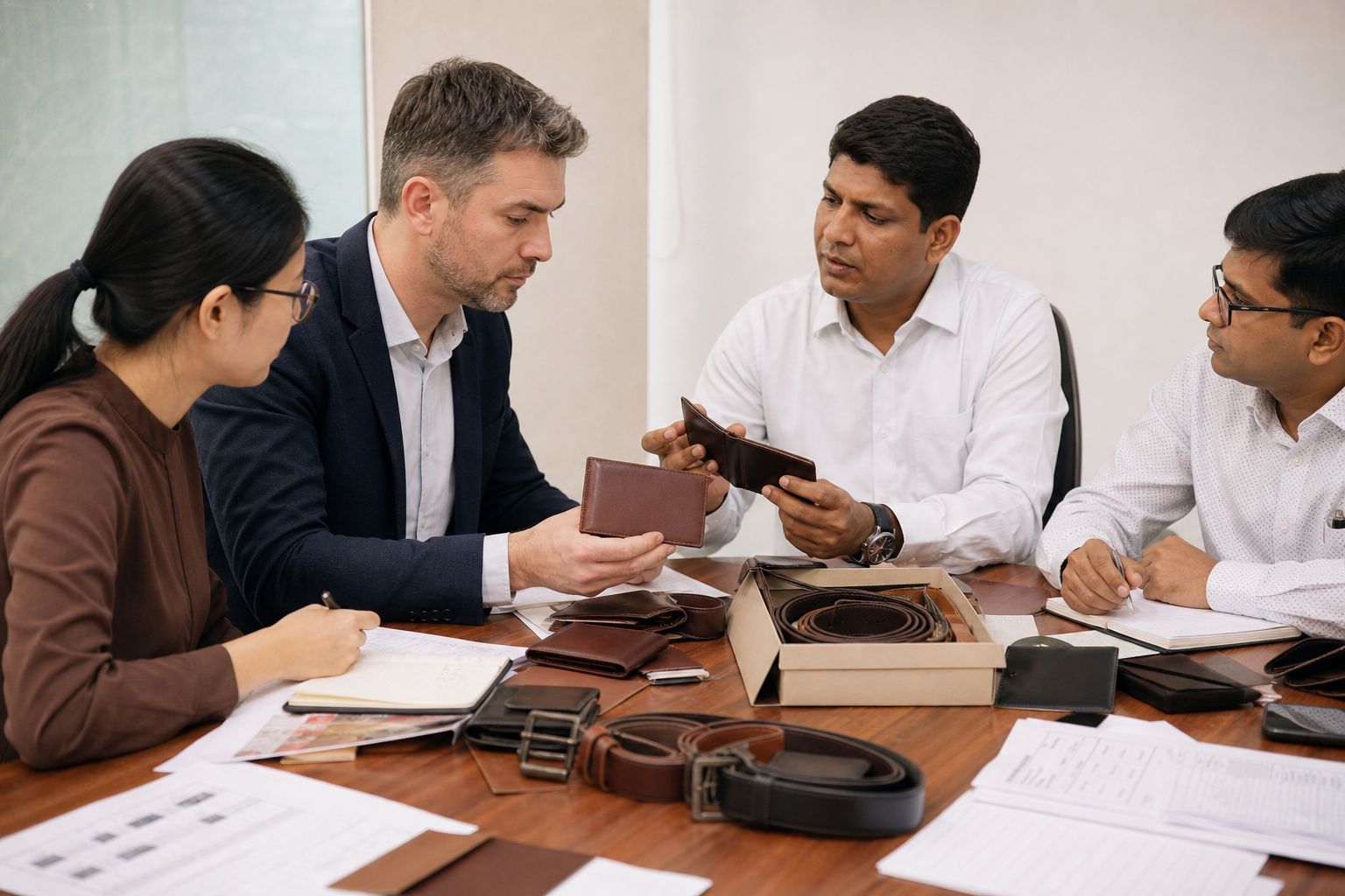 International buyer and Indian exporter reviewing sample leather wallets and belts with shipping documents at a sourcing meeting