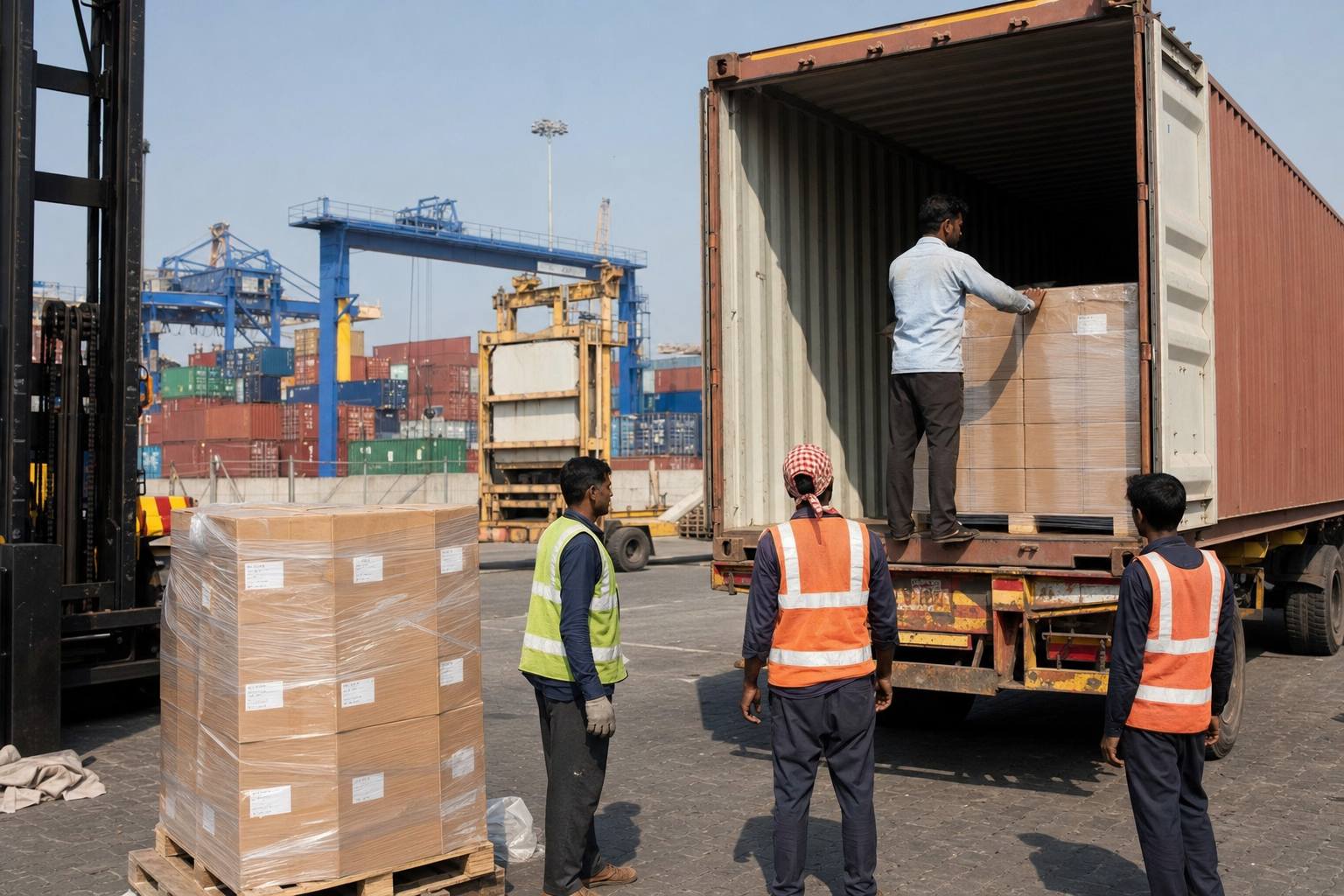 Truck loading palletised leather wallet and belt cartons at an Indian port CFS with shipping containers in the background