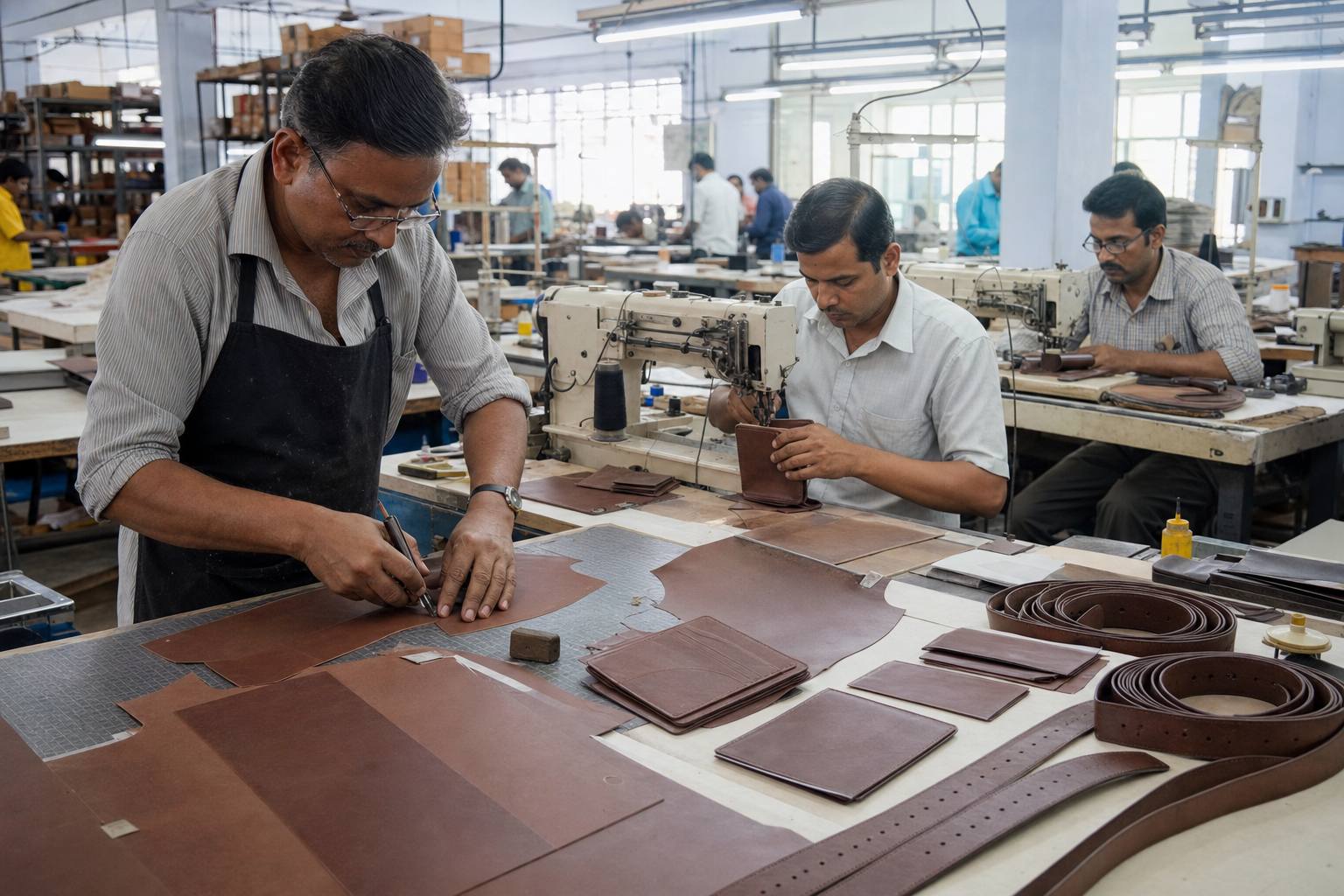 Workers cutting leather wallet panels and stitching bifold wallets and belts on an Indian small leather goods factory line