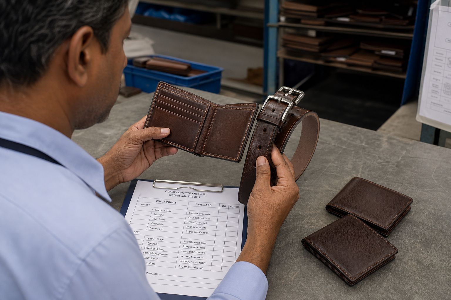 Quality inspector checking stitching, card slots, edge paint, and buckle finish on a leather bifold wallet and formal belt against a buyer specification sheet