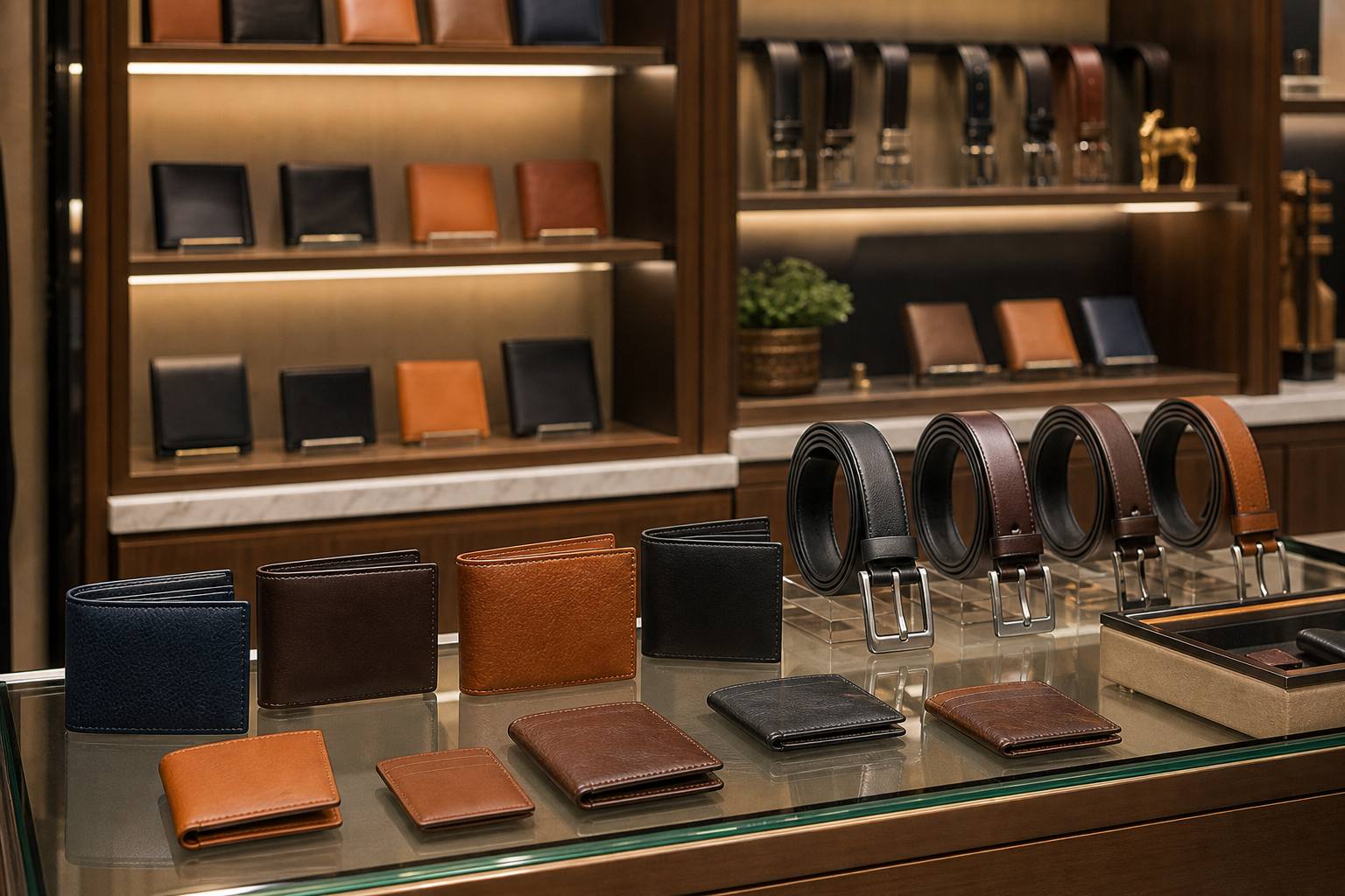 Leather bifold wallets, card holders, and leather belts displayed in a modern retail accessories boutique as end-use of Indian exports