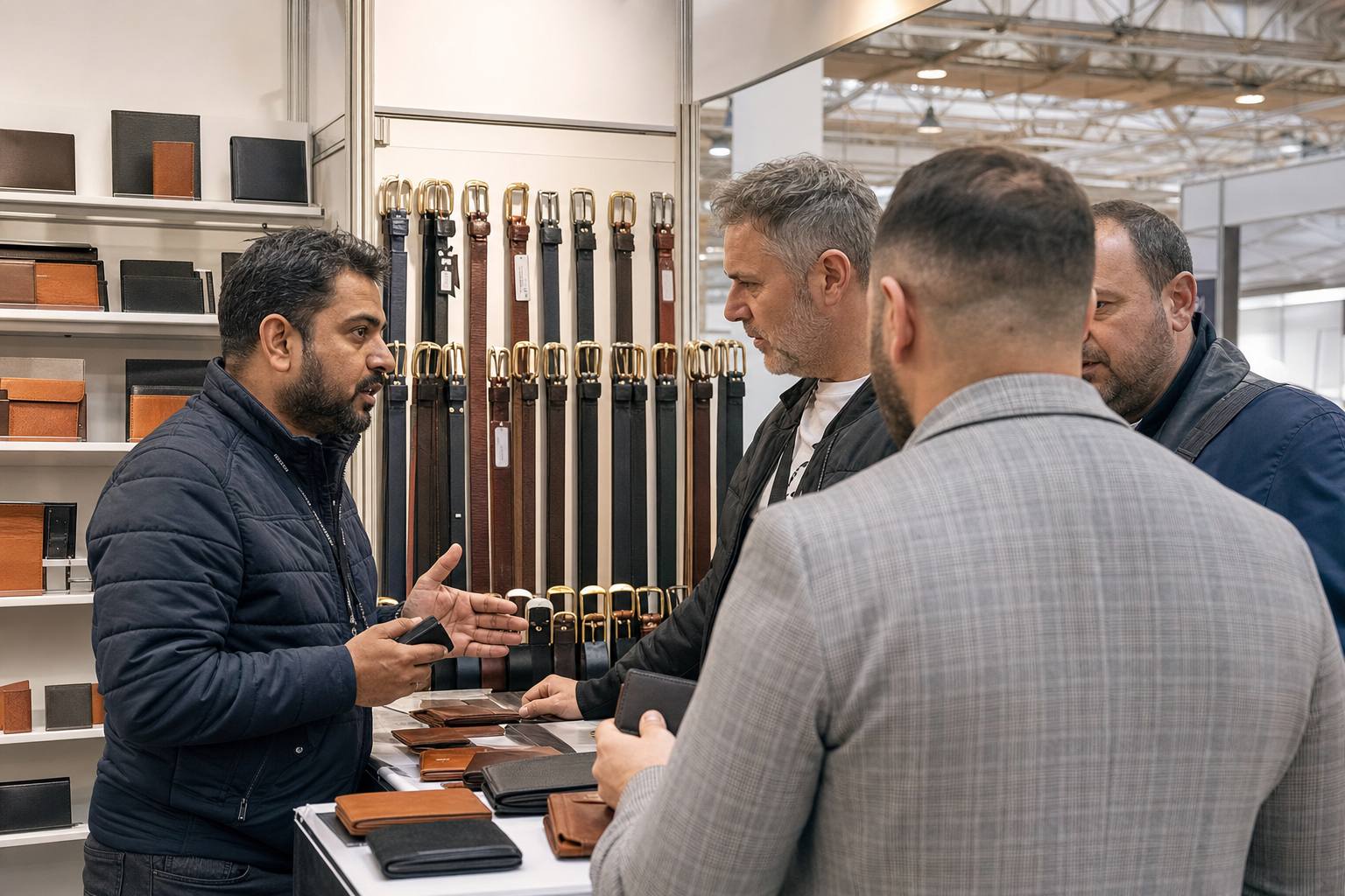 Indian leather wallet and belt exporter presenting bifolds, card holders, and belts to international buyers at a trade fair booth