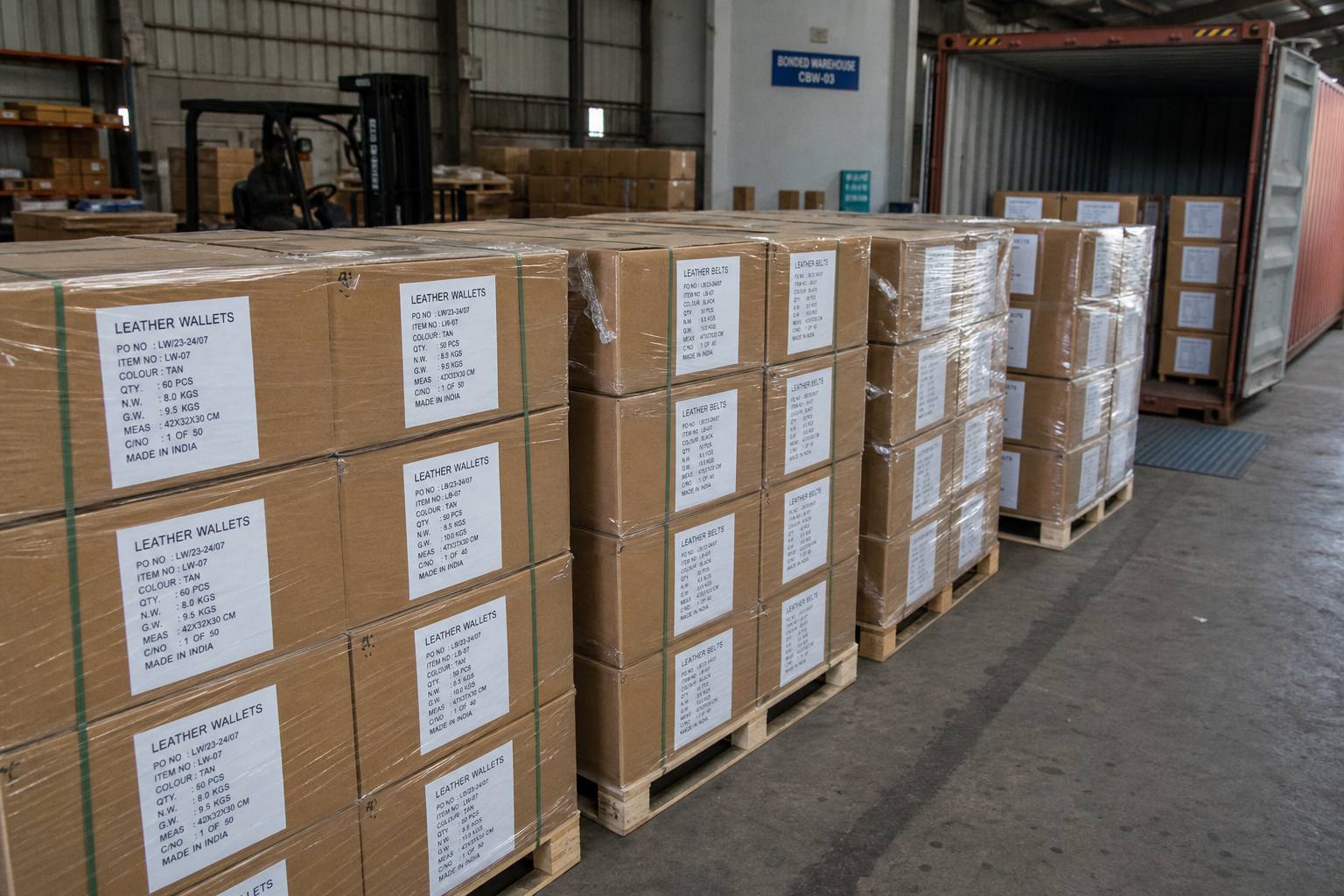 Palletised master cartons of leather wallets and belts stored in an Indian export warehouse before container loading
