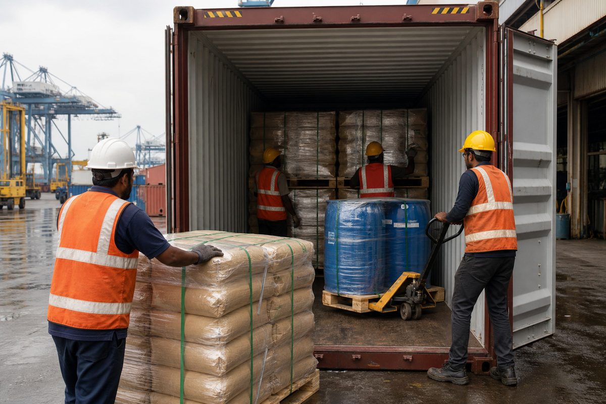 Workers stuffing moisture-protected India licorice root powder pallets into a 20-foot export shipping container