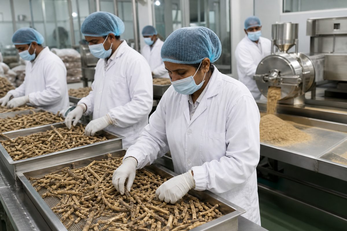 Workers drying and milling Glycyrrhiza glabra licorice root powder in a hygienic Punjab–Haryana–western UP–Rajasthan export plant