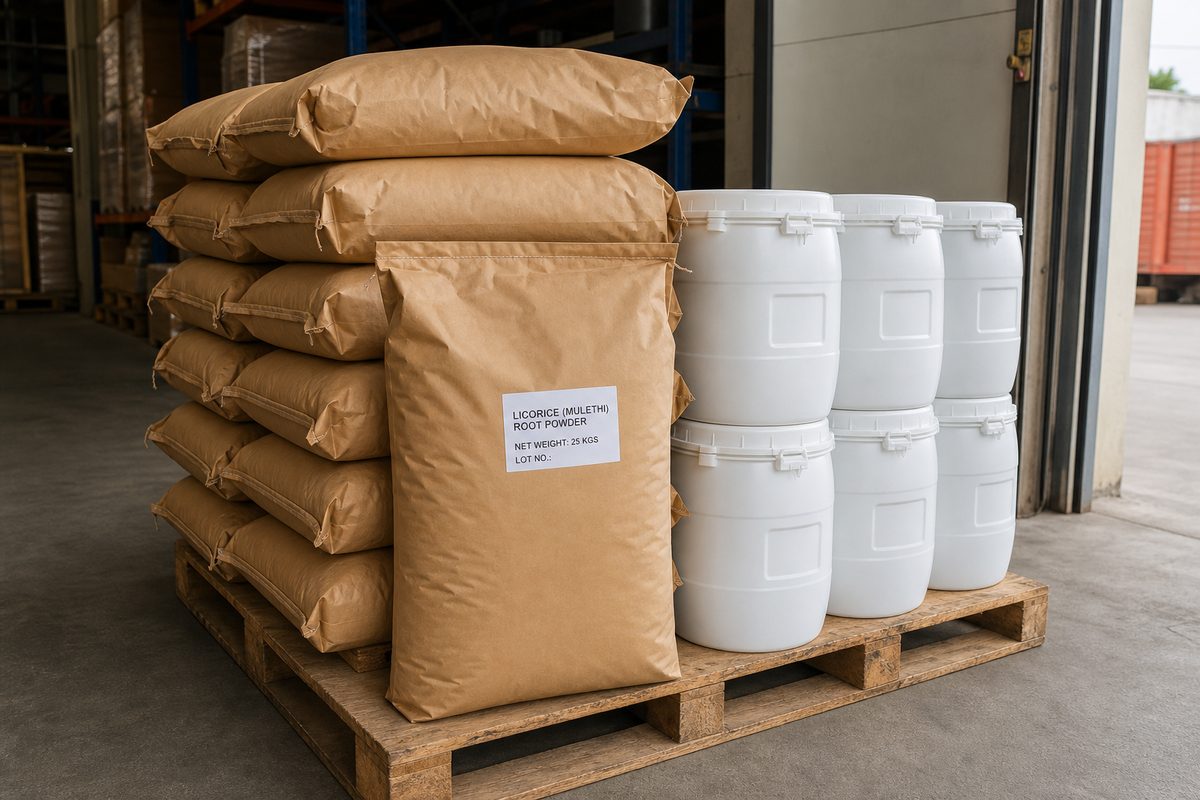 25 kg food-grade licorice root powder bags and a sealed HDPE extract drum staged on an export pallet