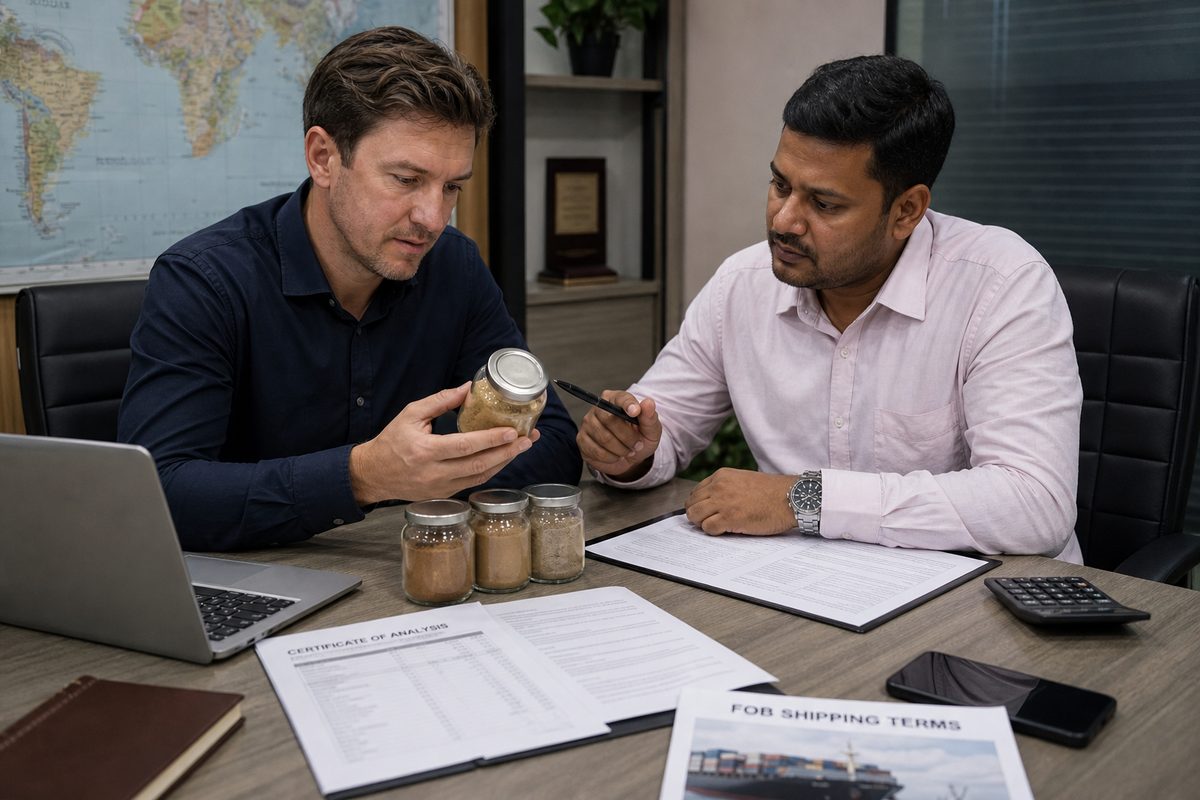 International buyer reviewing India licorice root powder samples, COA, and FOB terms with a merchant exporter