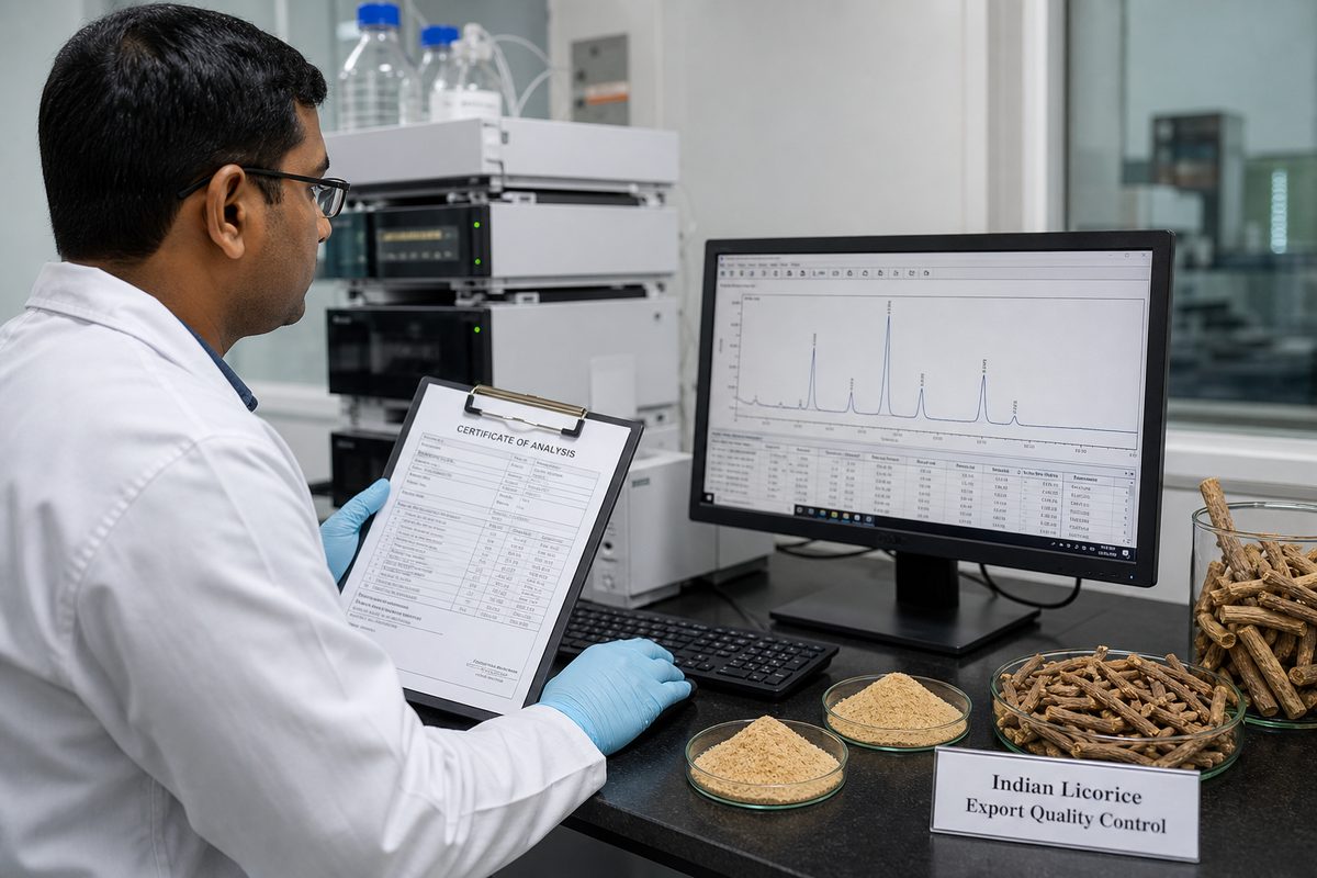 Lab technician reviewing HPLC chromatogram and Certificate of Analysis for India licorice glycyrrhizin release