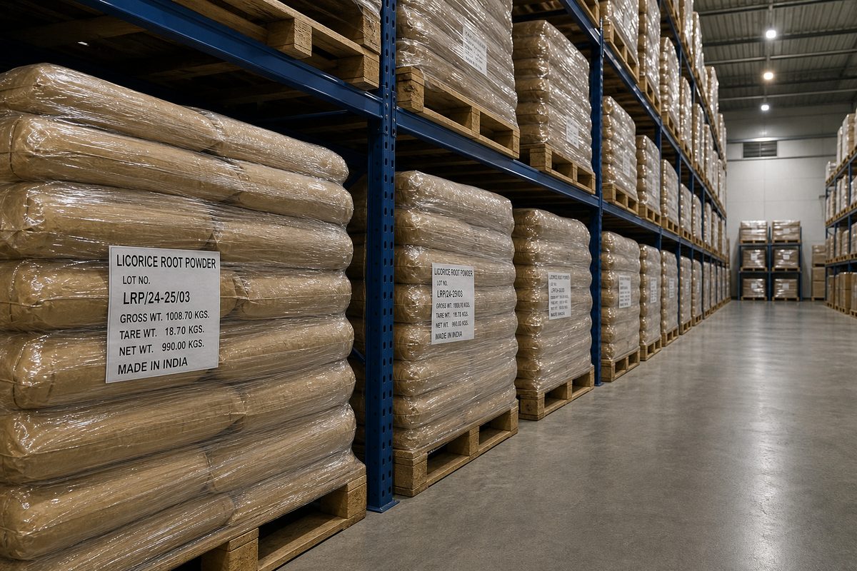 Stretch-wrapped pallets of India licorice root powder bags on dry export warehouse racks