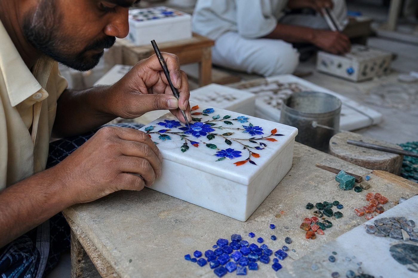 Agra artisan hand-setting lapis and green stone pietra dura floral inlay into a white Makrana marble jewelry box