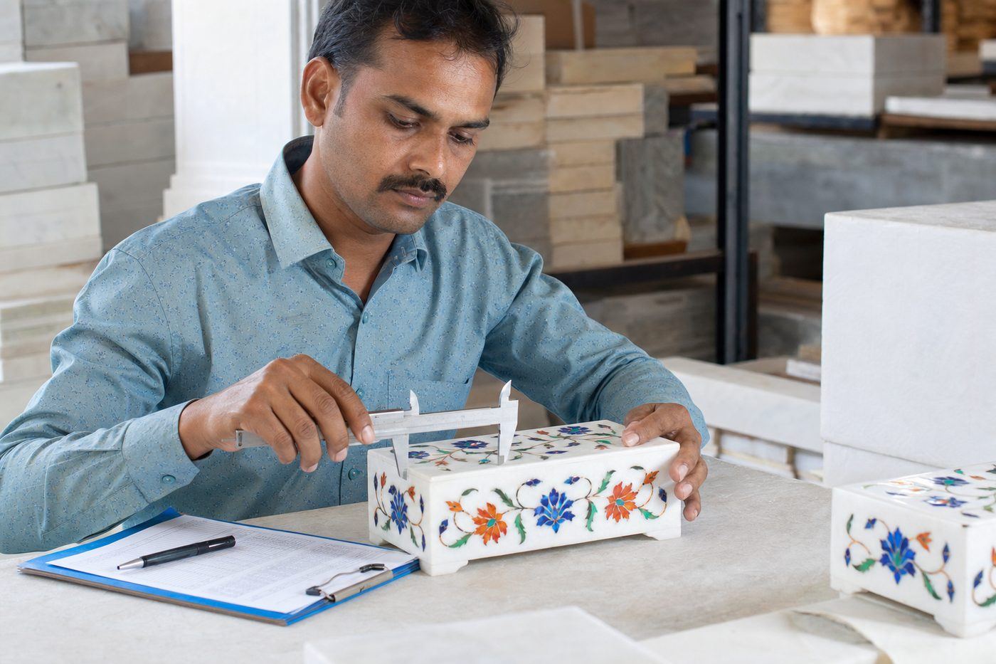 Export quality inspector measuring an Agra marble inlay jewelry box with calipers beside a QC checklist
