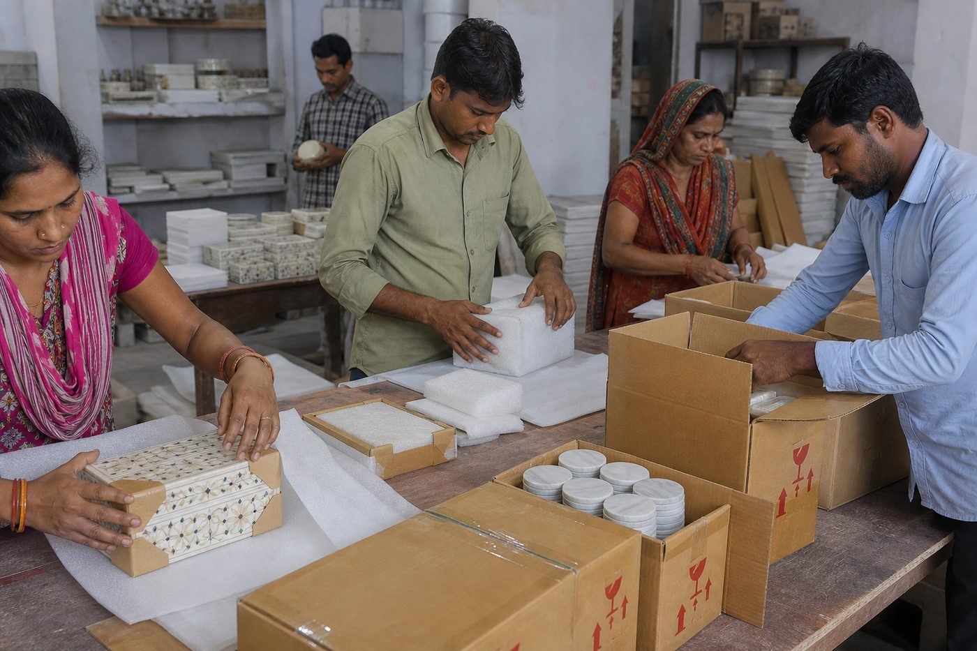 Workers foam-wrapping Indian marble inlay boxes and coasters with corner guards into Fragile-marked export cartons