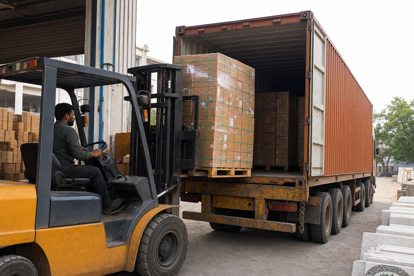 Forklift loading a shrink-wrapped pallet of export cartons toward a truck-mounted container beside marble slabs