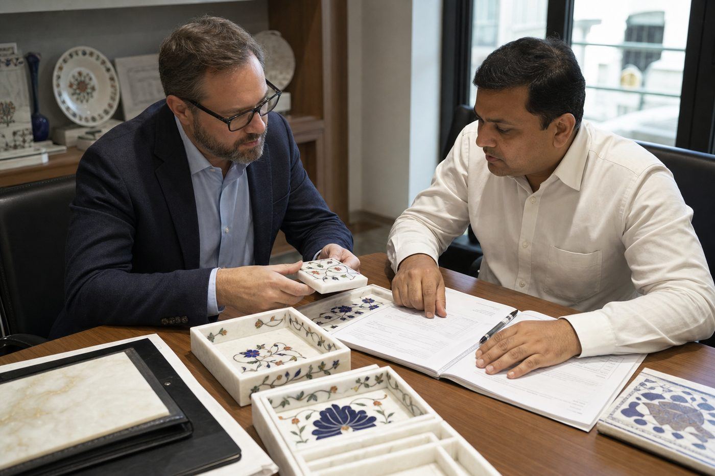 International buyer inspecting Agra marble inlay samples while reviewing export documents with an Indian sourcing partner