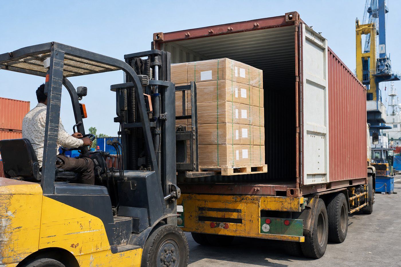 Forklift stuffing a palletized stack of marble inlay export cartons into an open ocean freight container at a port yard