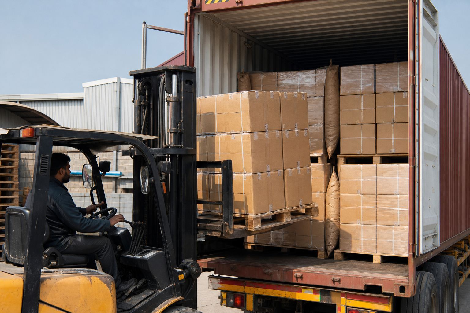 Forklift stuffing palletized cartons of Indian metal handicrafts into a shipping container for FCL export