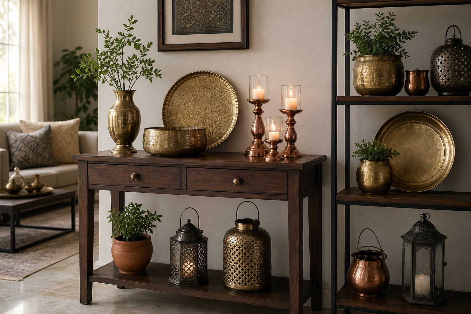 Indian brass trays, copper candle holders, iron lanterns, and metal planters styled in a modern home interior