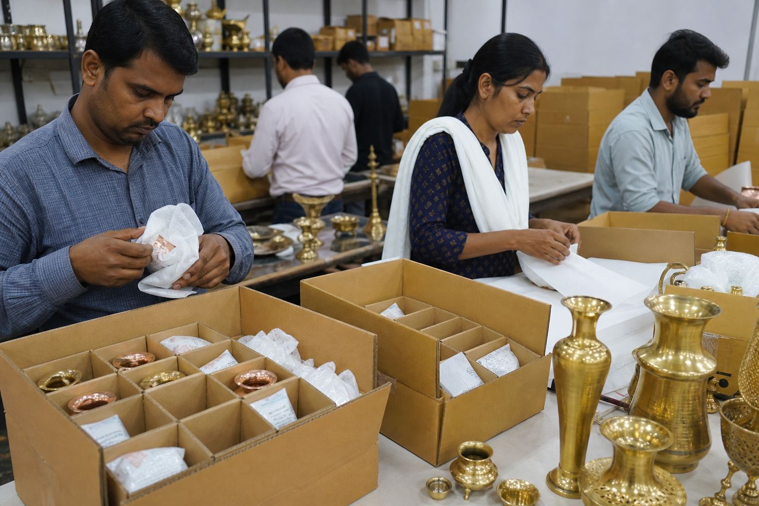 Workers wrapping polished brass metal handicrafts in foam and anti-tarnish paper for export carton packing