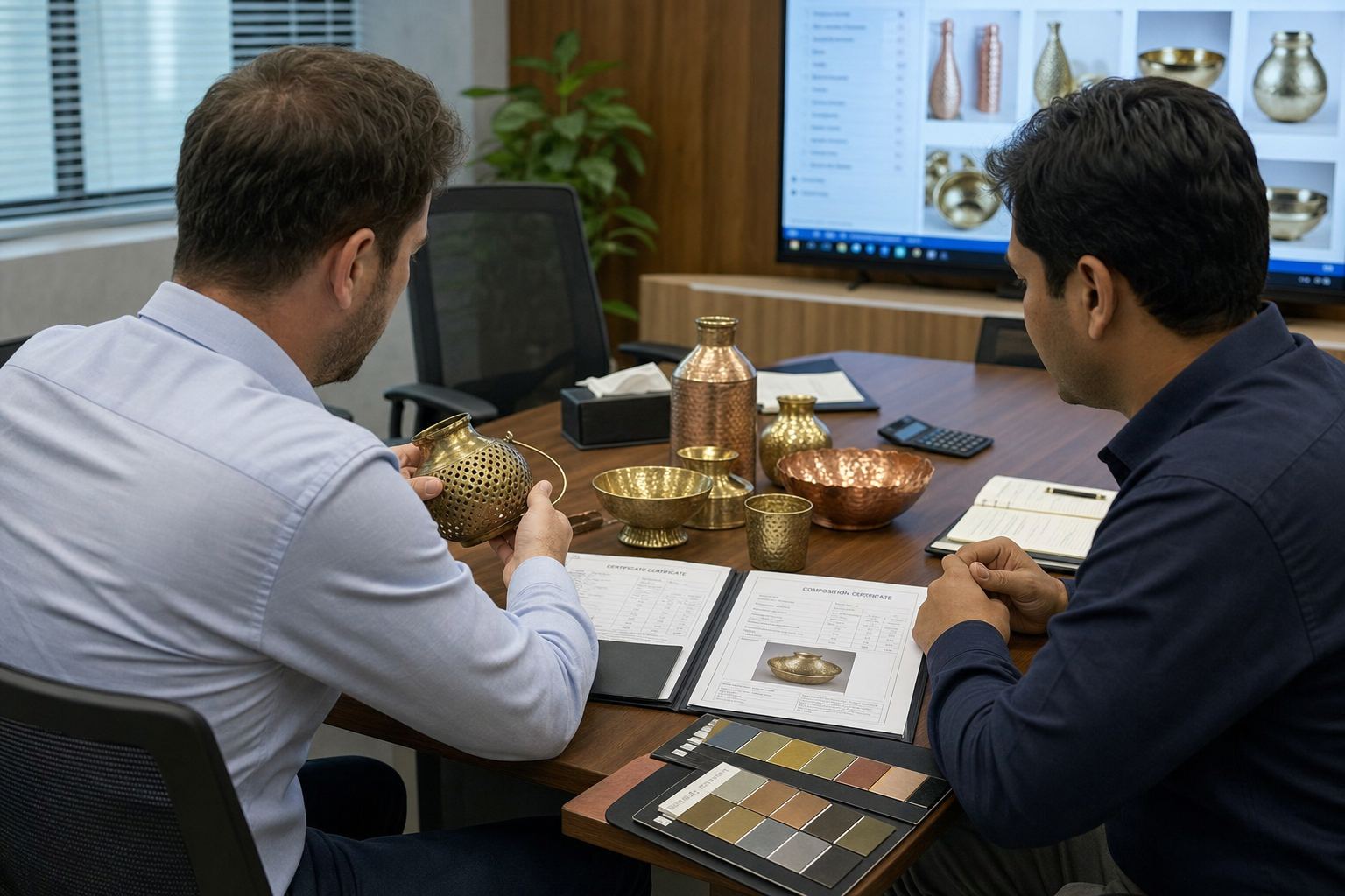 International buyer reviewing Indian brass and copper metal handicraft samples and export documents with a sourcing partner
