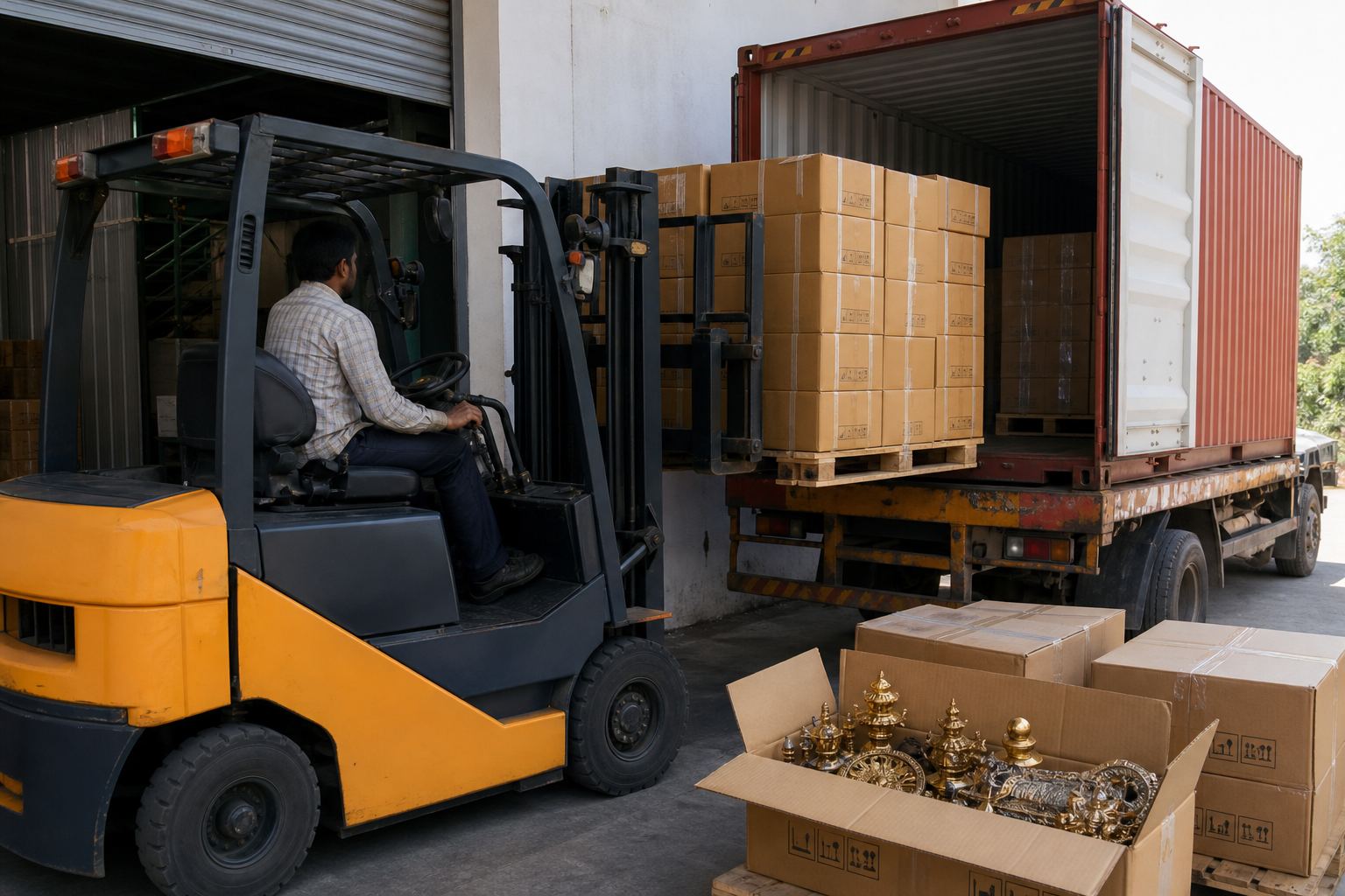 Forklift loading palletized cartons of Indian metal handicrafts onto a freight truck at an export warehouse dock