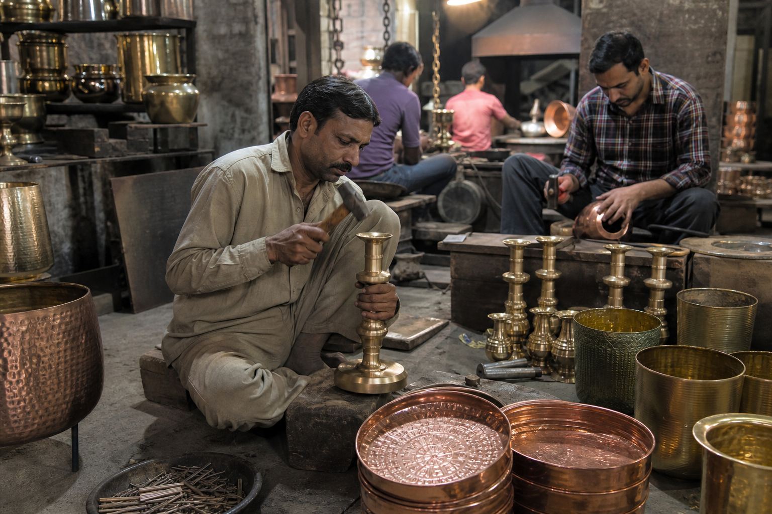 Artisans casting, hammering, and polishing brass and copper metal handicrafts in a Moradabad workshop