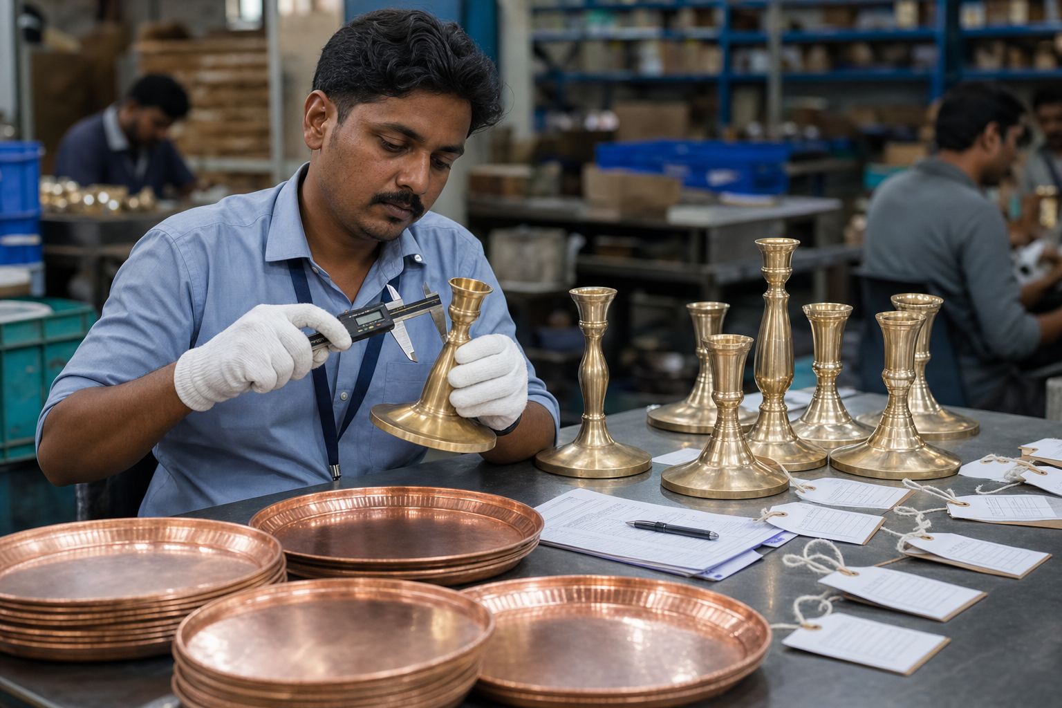 Quality inspector measuring brass candle stands and copper trays with calipers before metal handicraft export release