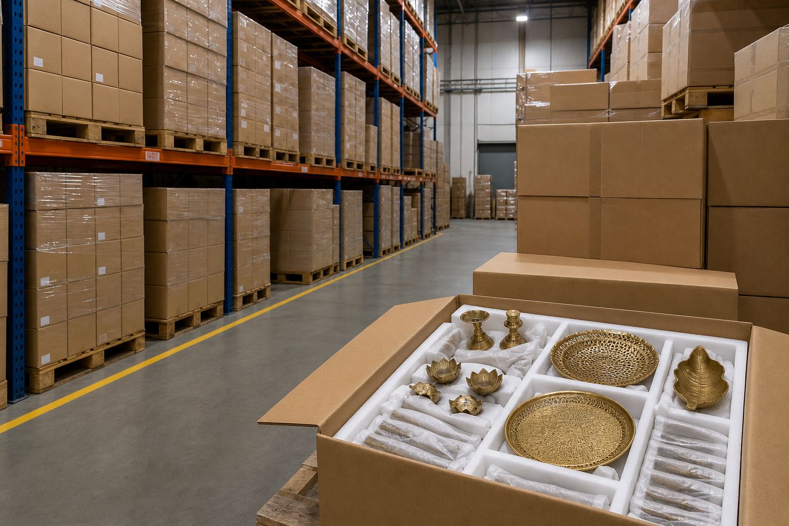 Palletized cartons of Indian metal handicrafts staged in a dry export warehouse with open sample carton of brass décor