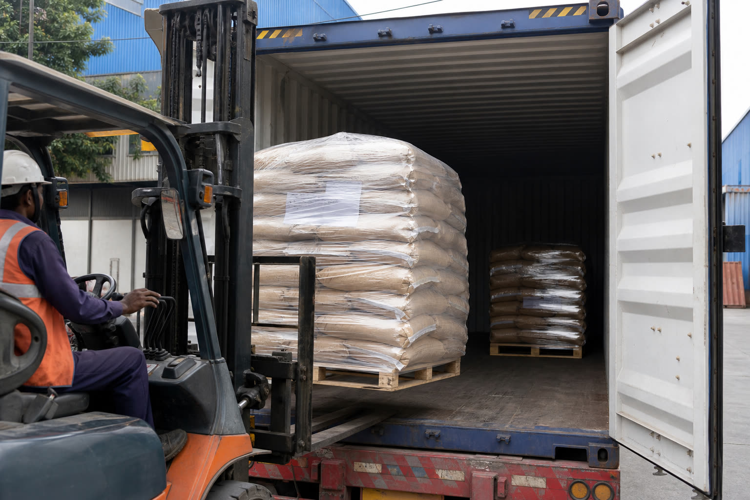 Forklift stuffing palletized Indian millet bags into a 20-foot shipping container for FCL export