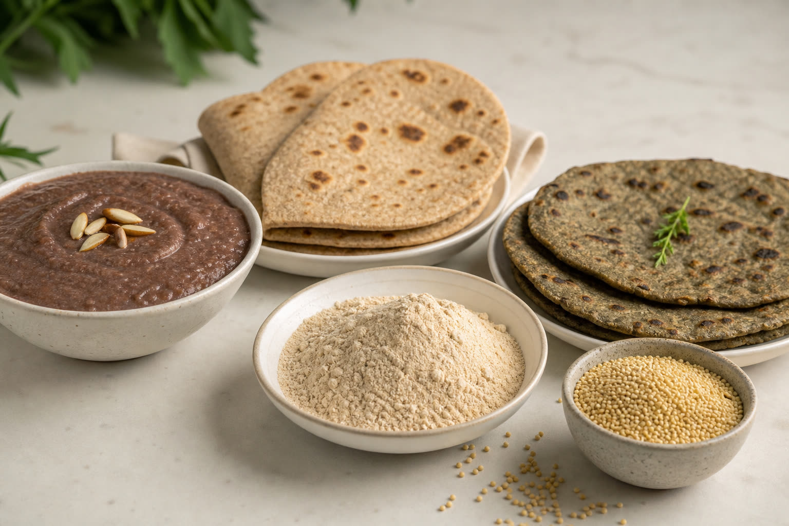 Bowls of ragi porridge, jowar roti, bajra flatbread, millet flour, and whole foxtail millet showing end-use foods