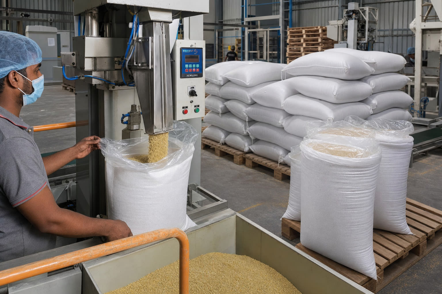 Export packaging line filling food-grade PP woven bags with cleaned Indian millet grain