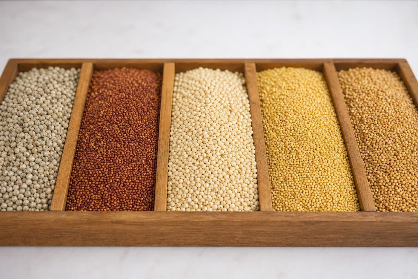 Side-by-side trays of bajra, ragi, jowar, foxtail, and little millet grains for export SKU comparison