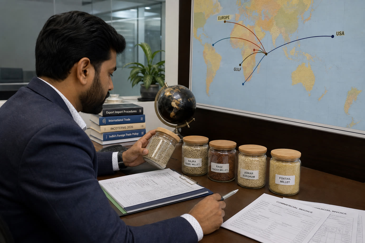 Export desk reviewing Indian millet samples in jars with trade documents and a world route map
