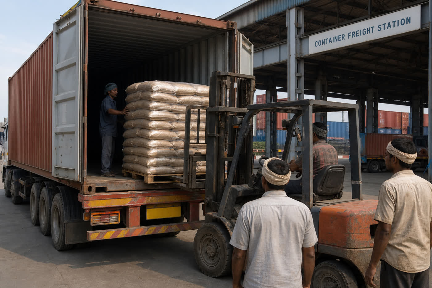 Truck loading palletized millet export bags at an Indian container freight station