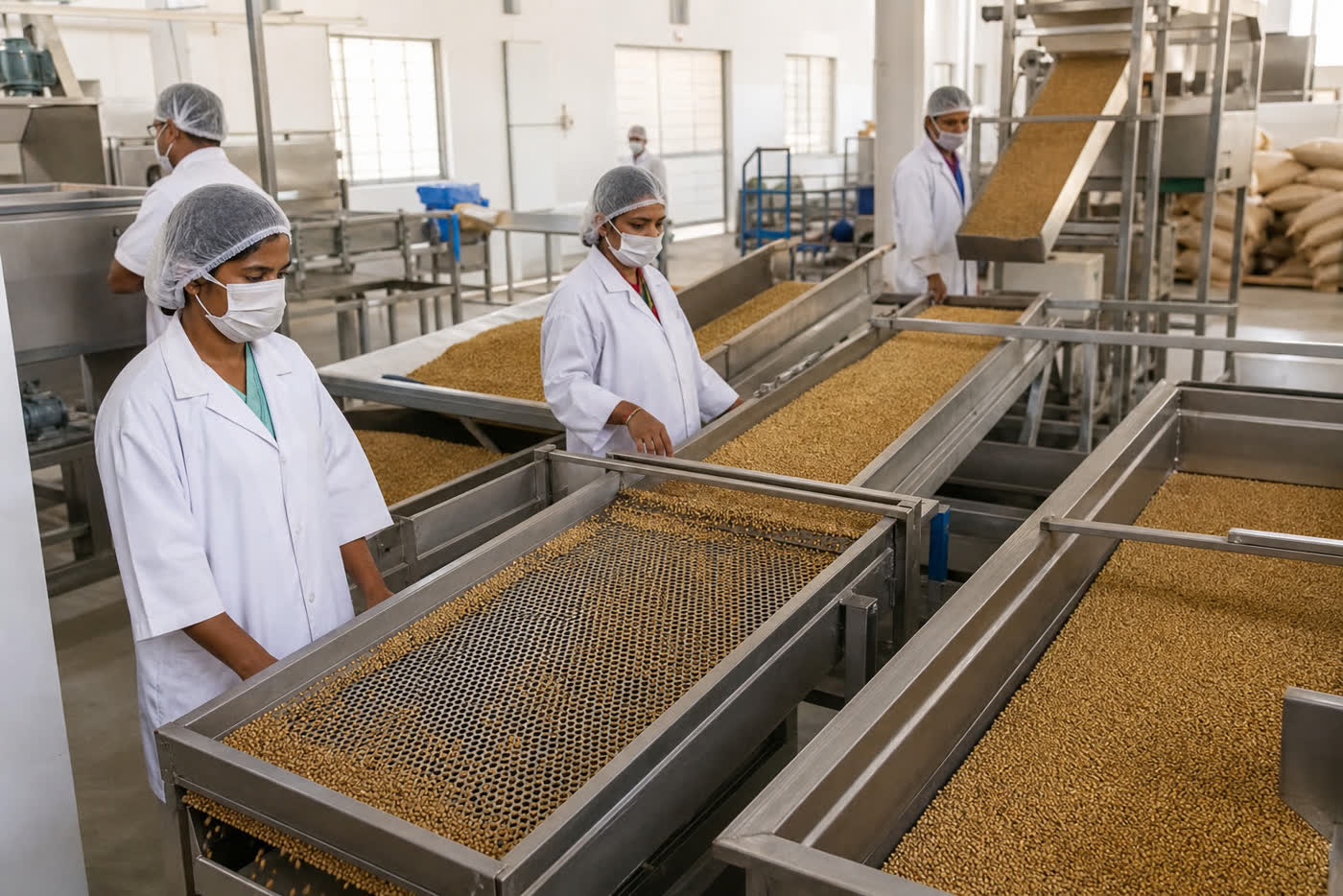 Workers supervising stainless cleaning and grading lines processing Indian millet grain in a food plant